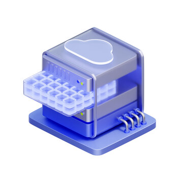 3D illustration of server drawer with container slots for containerization, kubernetes systems, docker apps, microservices, devops tools, and cloud storage.