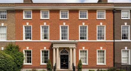 Obraz premium A grand, historic building with red brick walls and white trim, featuring a large, ornate doorway and multiple windows.