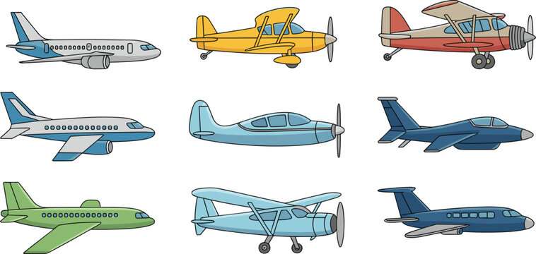 Set of airplane icons featuring commercial jetliners private jets and vintage propeller planes for aviation travel and transportation design.