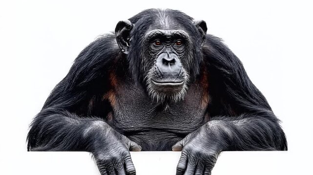 Playful chimpanzee portrait against white studio background.