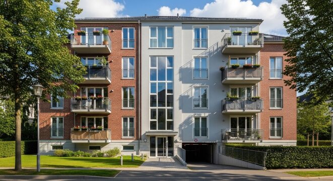 A modern, multi-story apartment building with glass windows and balconies, surrounded by greenery and a clear blue sky.
