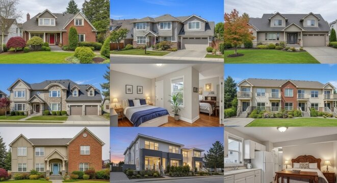 A collage of nine images of houses, each with a different color and style, arranged in a 3x3 grid.