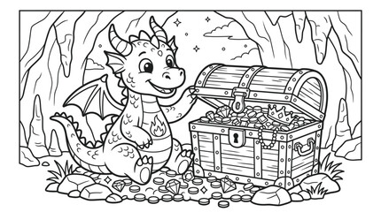 Smiling dragon with treasure chest. © bhinar