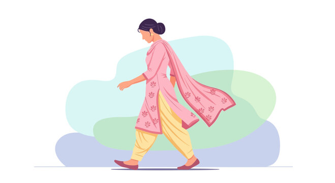 Woman walking in traditional Indian attire, salwar kameez, pink and yellow outfit, flat design illustration