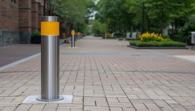 A modern stainless steel security bollard with a bright yellow top stands on a brick pedestrian path, defining a safe and controlled urban public space