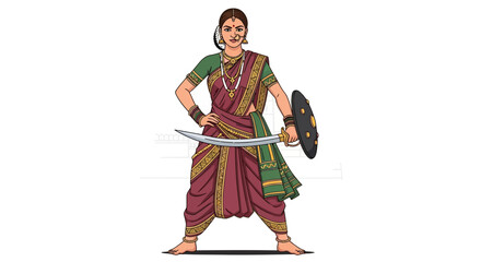 Obraz premium Indian Warrior Woman in Traditional Attire with Sword and Shield