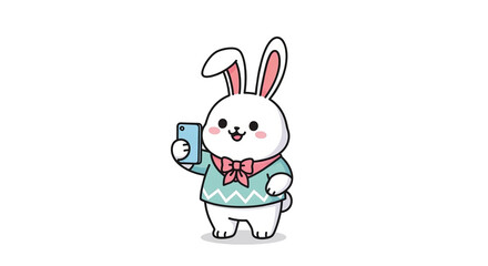 Obraz premium A cute white bunny rabbit wearing a sweater and bow tie takes a selfie with a smartphone.