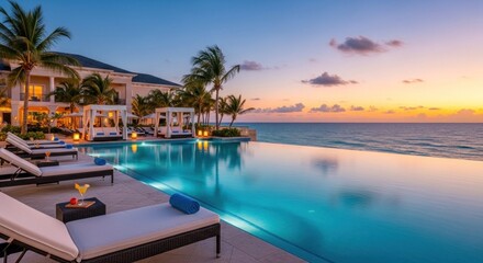 Fototapeta premium A serene beachside setting with an infinity pool, lounge chairs, and palm trees at sunset.