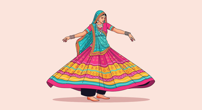 Indian woman in traditional colorful ghagra choli dancing