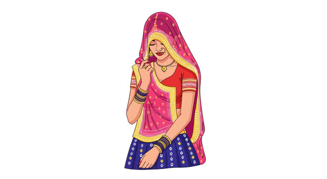 Indian Woman in Traditional Dress, Colorful Sari and Jewelry