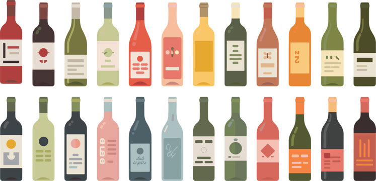 Assorted glass wine bottle vector set featuring various labels and colors for vineyard and winery branding design.