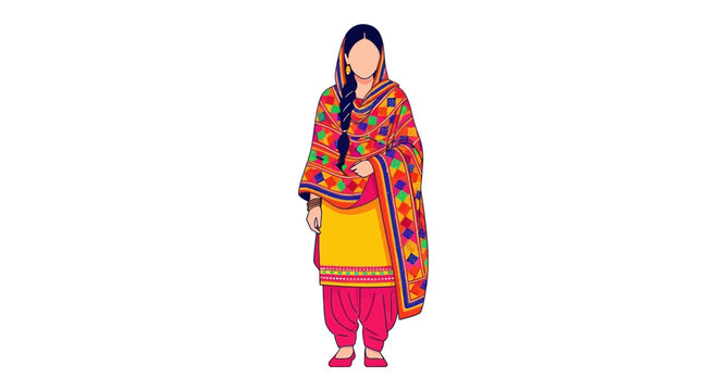 Punjabi woman in traditional phulkari suit and salwar kameez