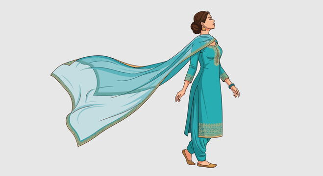 Woman in blue traditional Indian salwar kameez suit with flowing dupatta