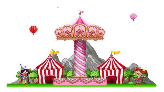 Animated Carnival Scene with Rotating Carousel and Hot Air Balloons