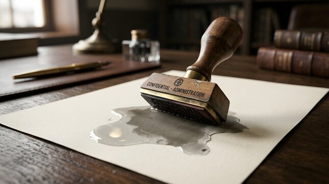 A vintage confidential stamp resting in a pool of spreading liquid on parchment, a poignant metaphor for a data leak and the uncontrollable flow of sensitive information in a secure world