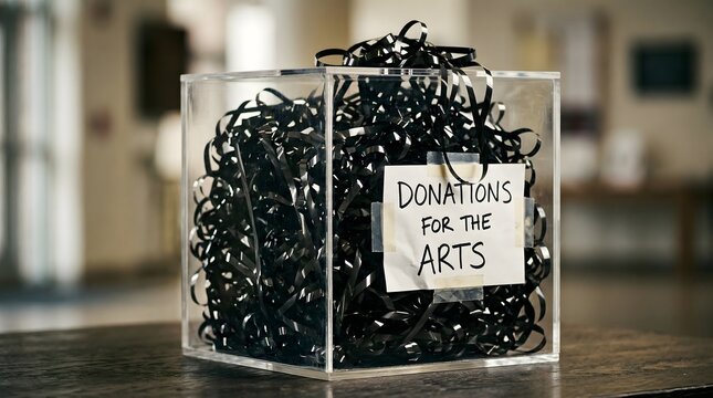 A transparent glass box filled with unravelled magnetic tape serves as a donation bin, a poignant metaphor for the chaotic beauty and fragile preservation of creative cultural heritage