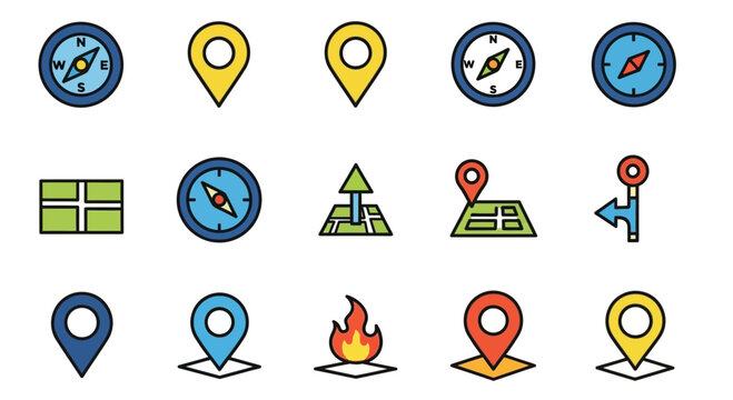 Navigation Icons: Compass, Map, Location Pin, Fire, Direction Sign