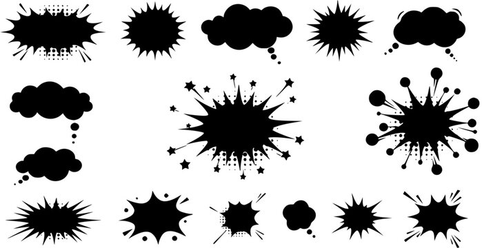 Comic Speech Bubbles, Explosion Bursts, and Thought Cloud Silhouettes Vector Set. Cartoon Pop Art Elements with Halftone Dots.