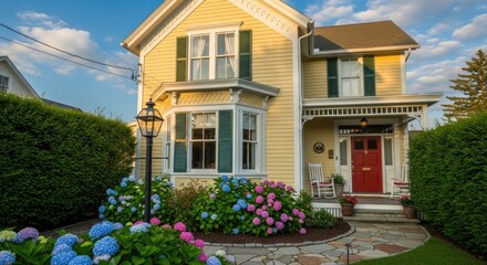 Fototapeta premium A charming yellow Victorian house with a bay window, a red door, and a lush garden with hydrangeas and other flowers.