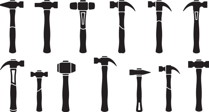 Collection of various hammer tools and equipment silhouettes