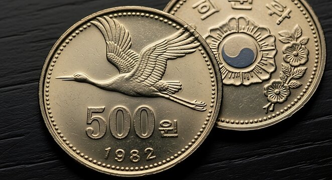 Close-up of Two South Korean 500 Won Coins from 1982.