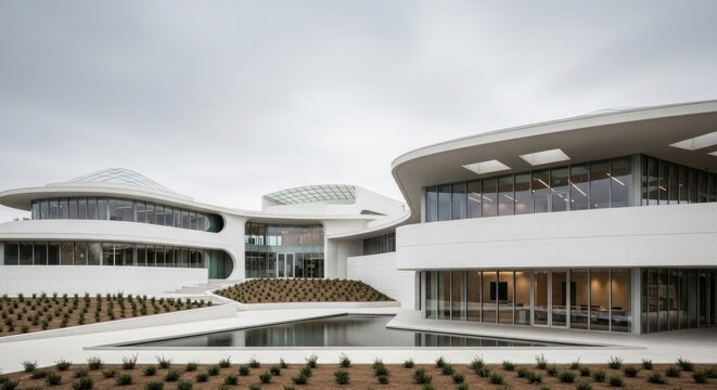 A modern architectural building with a glass facade and curved roof, featuring a large pool and a fountain in the foreground.