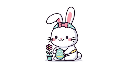 Fototapeta premium Cute cartoon white bunny wearing a bow holding an Easter egg next to a potted flower.