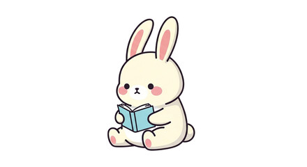 Obraz premium Cute cartoon bunny rabbit sitting and reading a small blue book with pink blush cheeks.