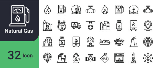 A collection of 32 black and white line icons representing various aspects of the natural gas and energy industry high-quality © Aposh003