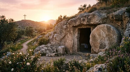 Empty ancient stone tomb with rolling stone moved aside revealing burial cloths inside at sunrise on rocky hillside with cross on distant peak symbolizing resurrection © Gophotograph