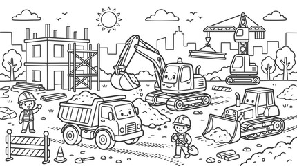 Fototapeta premium Construction vehicles and workers at site.