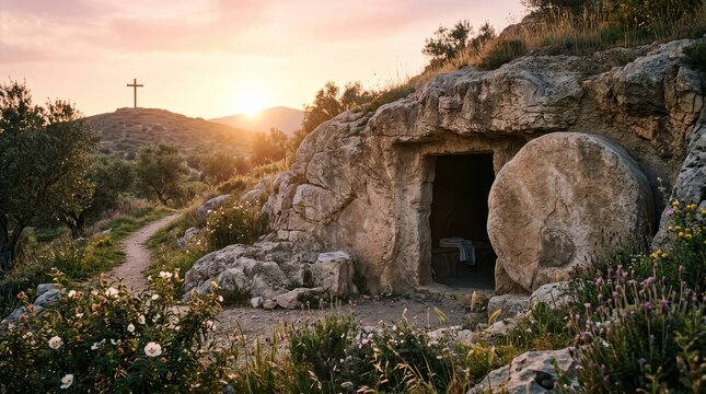 Empty ancient stone tomb with rolling stone moved aside revealing burial cloths inside at sunrise on rocky hillside with cross on distant peak symbolizing resurrection