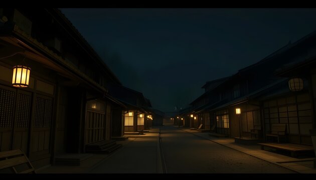 Ancient Japanese Village Night. Ancient Japanese village at night, wooden houses, soft lantern glow, calm cinematic atmosphere, empty environment 2