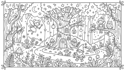 Obraz premium Whimsical fairy and gnome in an enchanted forest with a charming tree house and sparkling lanterns, isolated white background.