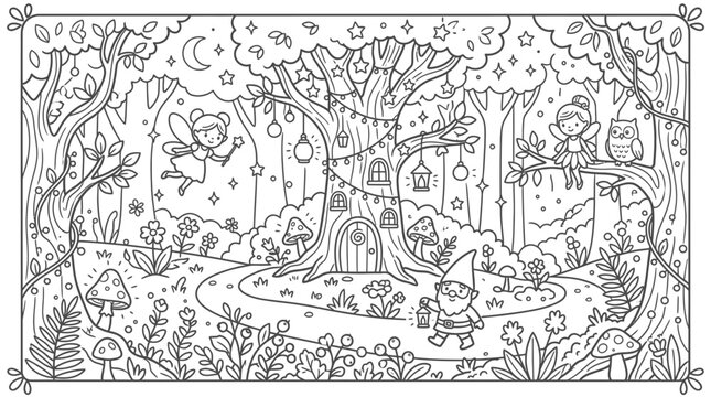 Whimsical fairy and gnome in an enchanted forest with a charming tree house and sparkling lanterns, isolated white background.