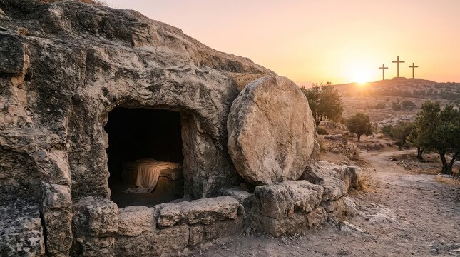 Ancient empty stone tomb with massive rolling stone moved aside and burial cloths inside at sunrise with three crosses on a distant hill