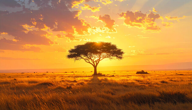 Dramatic sunset over savannah landscape with single tree silhouette
