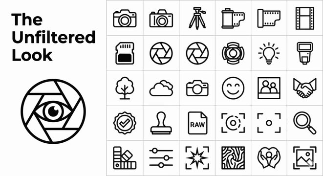 A comprehensive collection of minimalist black and white line art icons representing various aspects of photography, digital imaging, and creative processes, including cameras, lenses, film, memory, l