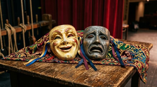 Close up view of classic smiling comedy and crying tragedy theatrical masks resting on ornate fabric on a rustic wooden table backstage theater