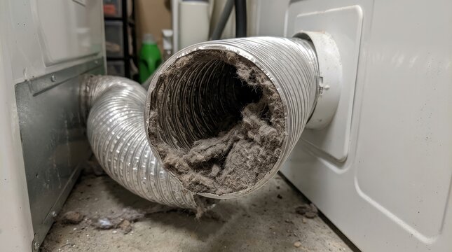 Close up view of a heavily clogged dryer vent hose filled with flammable lint and dust in a residential laundry room creating a potential fire hazard