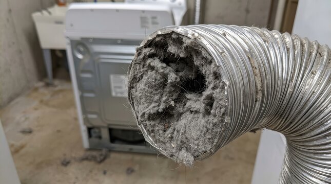 Dangerously clogged dryer vent hose full of lint and dust in a dirty home laundry room basement
