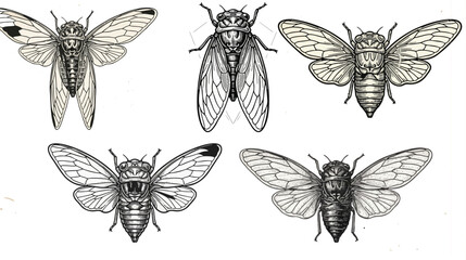 Detailed cicada insect illustration set in vintage engraving style. © Mukhlis