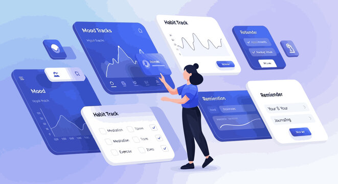 Woman interacting with digital interface screens.