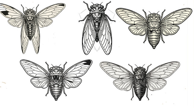 Detailed cicada insect illustration set in vintage engraving style.