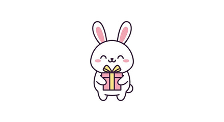Fototapeta premium Cute cartoon white rabbit holding a pink gift box with a yellow ribbon.