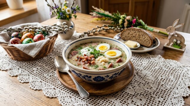Traditional Polish Easter soup Zurek with boiled eggs and sausage served on a rustic wooden table with decorated pysanky eggs and willow branches celebrating spring holiday