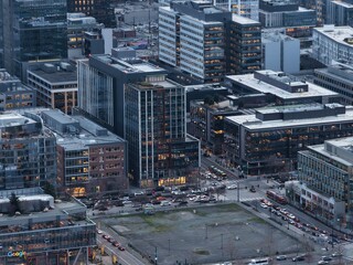 Fototapeta premium Seattle downtown skyline at blue hour with city lights, traffic and Lake Union park waterfront aerial view, Washington USA. g.