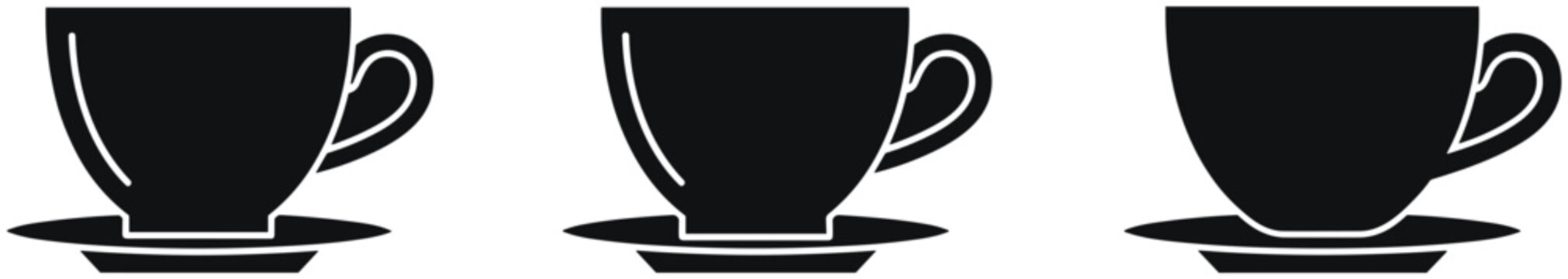 Black teacup icons set, minimalist coffee cup silhouettes with saucers, flat vector illustration for cafe menu, kitchenware graphic design elements
