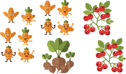 Cute carrot character and berry plant collection with root vegetables and fruits cartoon vector illustration set isolated on white background © Sumon Creative
