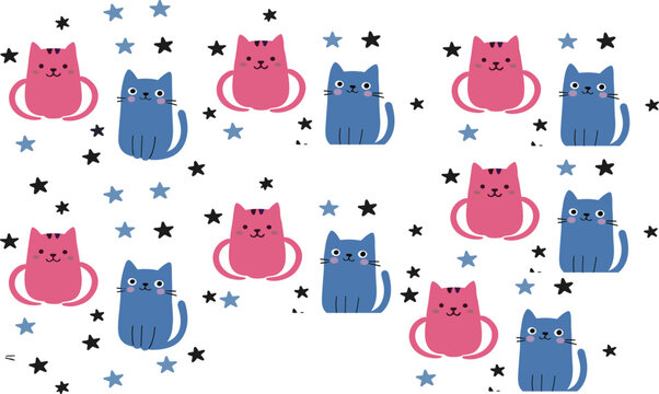 Cute cat seamless pattern with cartoon kittens and stars playful animal vector illustration background